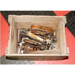 WOOD BOX OF FULL ANTIQUE TOOLS