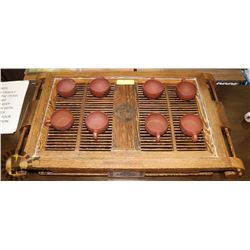 8PC ASIAN STYLE TEA CUPS WITH DECORATIVE WOOD TRAY