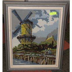 PETIT POINT WINDMILL FRAMED PICTURE.