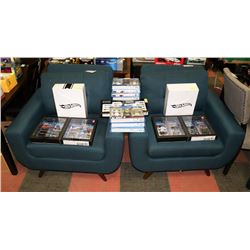 PAIR OF BLUE FABRIC WITH ESPRESSO LEGS SOFA CHAIRS