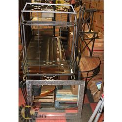 2 METAL SHELVING UNITS AND 1 MIRROR.