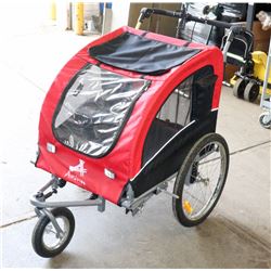 RED & BLACK DOG STROLLER WITH BIKE ADAPTER.