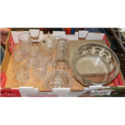 LOT OF 7 CRYSTAL GLASSES, GLASS VASE, CANDY DISH,