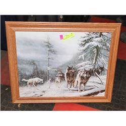PICTURE  PACK OF WOLVES WITH OAK FRAME 23 X 19.5