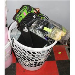 LAUNDRY HAMPER WITH ASSORTED HOUSEHOLD MISC.