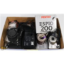 FLAT WITH 3 PENTAX CAMERAS AND ACCESSORIES.