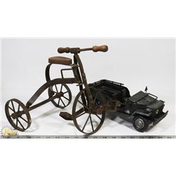 HAND CRAFTED METAL ARMY JEEP AND TOY TRICYCLE.