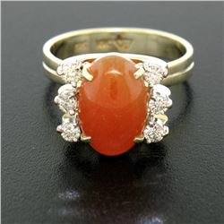 14K Two Tone Gold Oval Carnelian Solitaire Ring w/ Round Diamond Accents