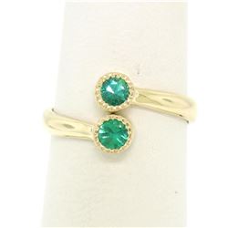 14k Yellow Gold Round Bezel Set Emerald Two Stone Simple Bypass Ring