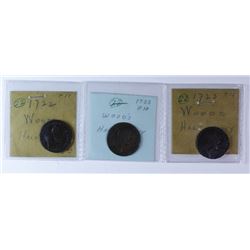 1722 & 1723, Wood's Hibernia Halfpennies, 3 pieces