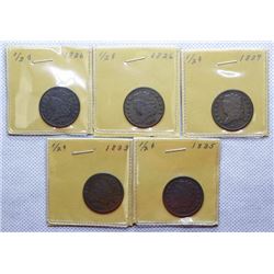 1826-1835 Half Cents, 5 pieces