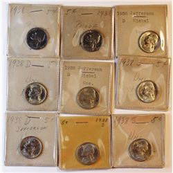 1938 Jefferson Nickel. 9-piece lot with Two 1938 Proofs