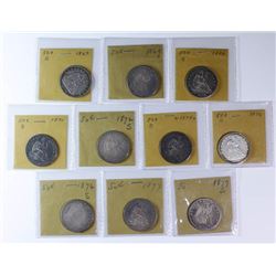 1869-1877 Liberty Seated Half Dollars, 10 pieces