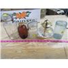 Image 1 : LOT INCLUDING JARS WITH NO LIDS, OIL LAMP WITH NO TOP AND 2 FLUID OUNCE BARREL OF BEER-EMPTY