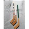 Image 2 : LOT OF 3 MINI HOCKEY STICKS (UNUSED, 20") *VIC IS SIGNED BY TWO QUEBEC NORDIQUES*