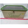 Image 1 : TIN BREAD BOX (CREAM COLORED WITH GREEN TRIM AND LETTERING) *SEE THROUGH TOP*