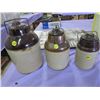 Image 1 : 3 CROCKS WITH LIDS (THE WEIR PAT: 1882 -1/4, 1/2, 1 GALLON) *LARGE ONE HAS SMALL CHIP ON THE LID*