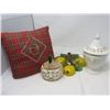 Image 1 : FRAE BONNIE SCOTLAND PILLOW, ONION POTTERY HOLDER, DAMAGED CHALKWARE, COMPARTMENT WITH LID