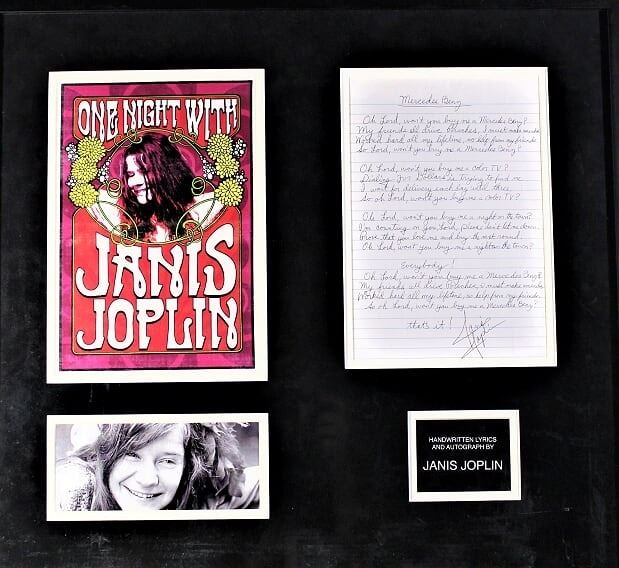 Janis Joplin signed Mercedes Benz lyrics sheet , Framed