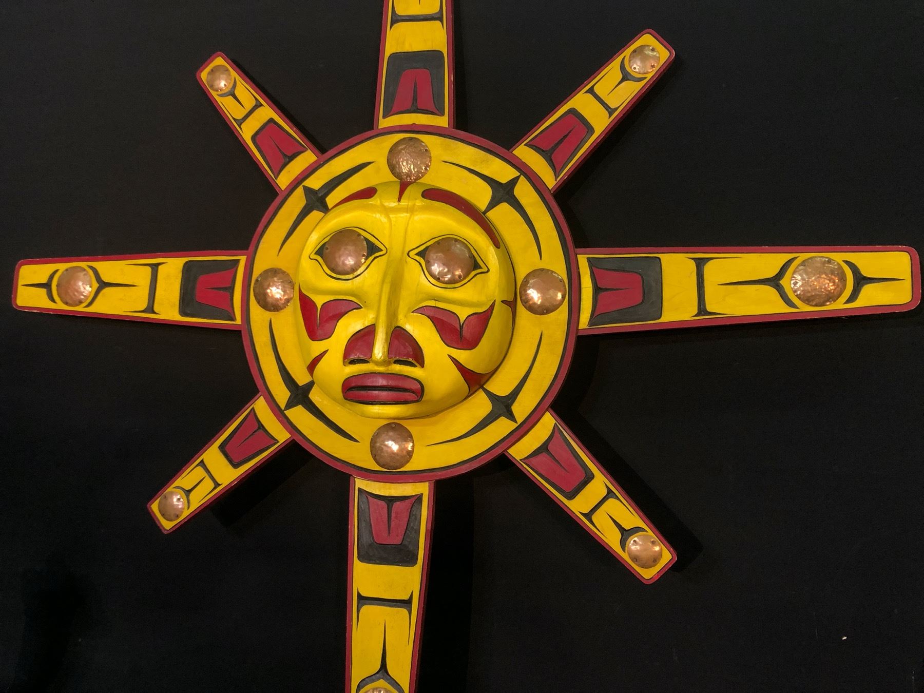 HAND CARVED AND PAINTED 8 RAY SUN MASK WITH COPPER INLAY, BC NATIVE ...