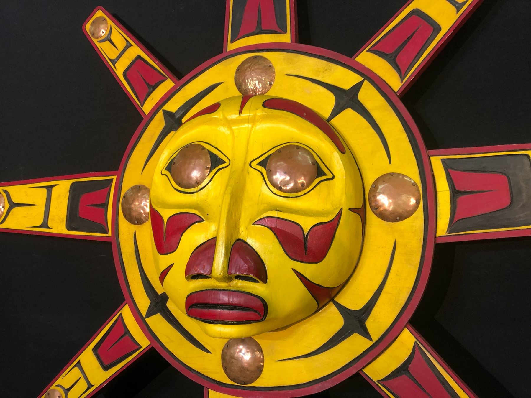 HAND CARVED AND PAINTED 8 RAY SUN MASK WITH COPPER INLAY, BC NATIVE ...