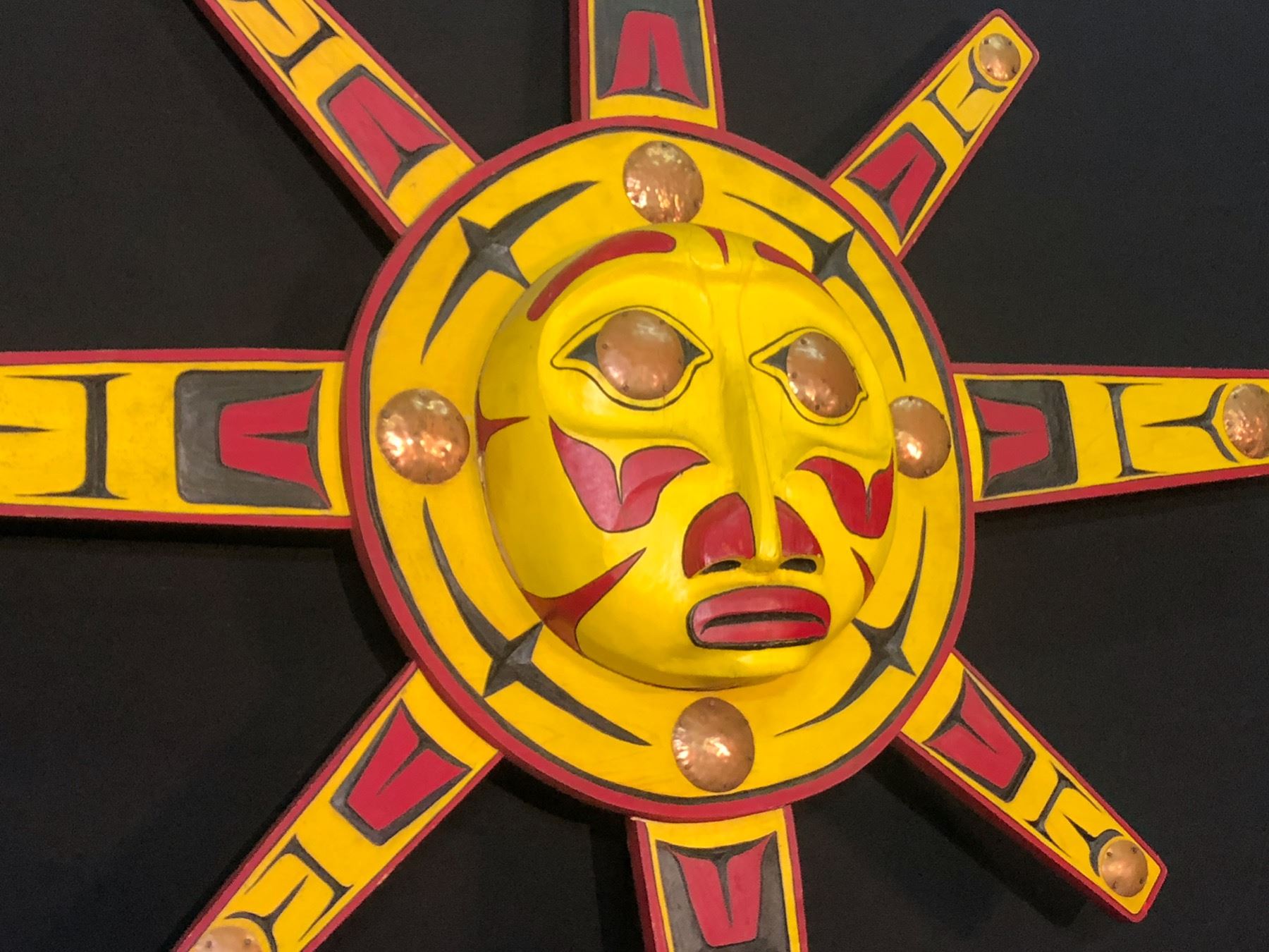 HAND CARVED AND PAINTED 8 RAY SUN MASK WITH COPPER INLAY, BC NATIVE ...