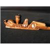 Image 4 : HAND CARVED NATIVE YEW WOOD PIPE WITH ABALONE INLAID EYES, ARTIST INITIALS ON BOTTOM, 11" LONG