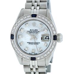 Rolex Ladies Stainless Steel Mother Of Pearl Diamond & Sapphire Datejust Wristwa