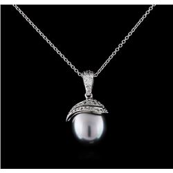 0.33 ctw Pearl and Diamond Pendant With Chain - 14KT White Gold