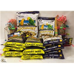 BOX OF ASSORTED BIRD PRODUCTS INCL FOOD, PLAYING