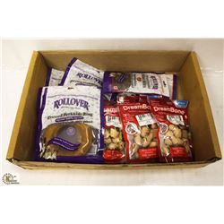 FLAT OF ASSORTED DOG TREAT INCL GREEN BONE,