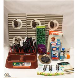 BOX OF ASSORTED DOG ITEMS INCL DISPOSABLE DIAPERS,