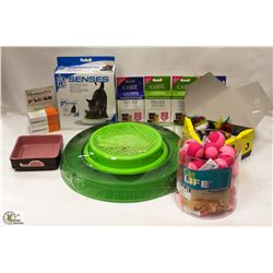 BOX OF ASSORTED CAT ITEMS INCL REPLACEMENT GRASS