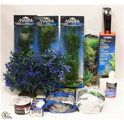 LOT OF ASSORTED FISH ITEMS INCL PLASTIC PLANTS,