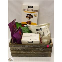 CRATE OF ASST DOG TREATS.
