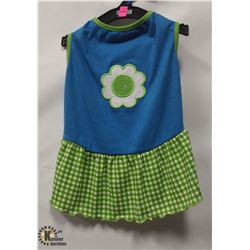 BLUE/GREEN PET DRESS WITH FLOWER SIZE MEDIUM.