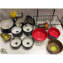 BOX OF ASSORTED PET FOOD & WATER DISHES.