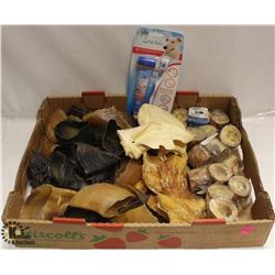 FLAT OF ASSORTED DOG CHEWS INCL HORNS, BONE