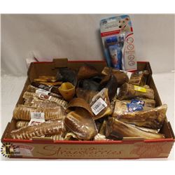 FLAT OF ASSORTED DOG CHEWS INCL HORNS, BEEF