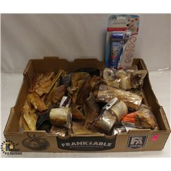 FLAT OF ASSORTED DOG CHEWS INCL HORNS, BONE
