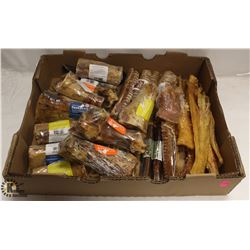 FLAT OF ASSORTED DOG CHEWS INCL BEEF TRACHEA,