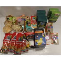 BOX OF ASSORTED BIRD ITEMS INCL TREATS, TOYS,