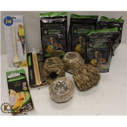 BOX OF ASSORTED BIRD ITEMS INCL FOOD, PERCH &