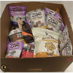 FLAT OF ASSORTED DOG TREATS INCL ZOE AND THREE