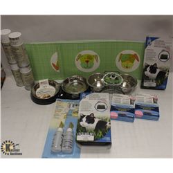 BOX OF ASSORTED CAT ITEMS INCL PLACE MATS, WATER