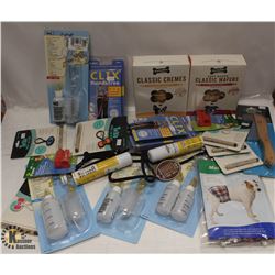 BOX OF ASSORTED DOG ITEMS INCL COMBS, DOG TREATS,