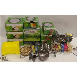 LOT OF ASSORTED BIRD ITEMS INCL TOYS, FOOD