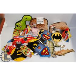 BOX OF DOG TOYS INCLUDING FRISBEE, AND CHEW TOYS