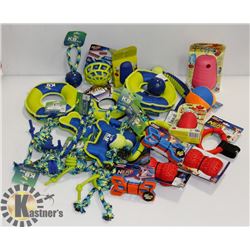 BOX OF DOG TOYS INCLUDING NERF FEEDERS,