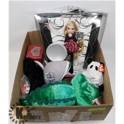 LOT OF TOYS INCL BRATZ, FIGURINES AND STUFFIES.